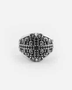 ANELLO CHEVALIER HERENCIA IN ARGENTO CON CROCE DI PIETRE NERE