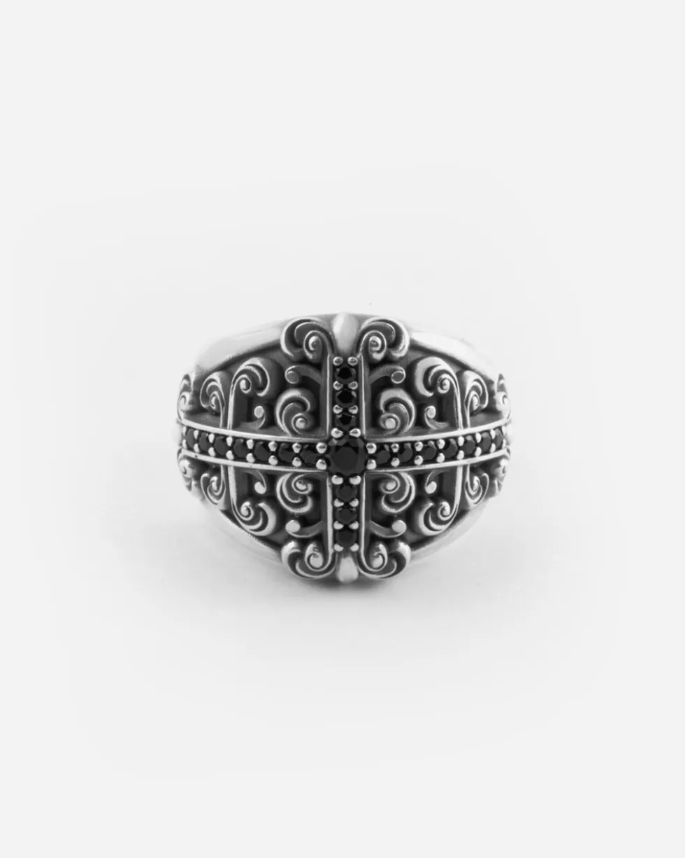 ANELLO CHEVALIER HERENCIA IN ARGENTO CON CROCE DI PIETRE NERE