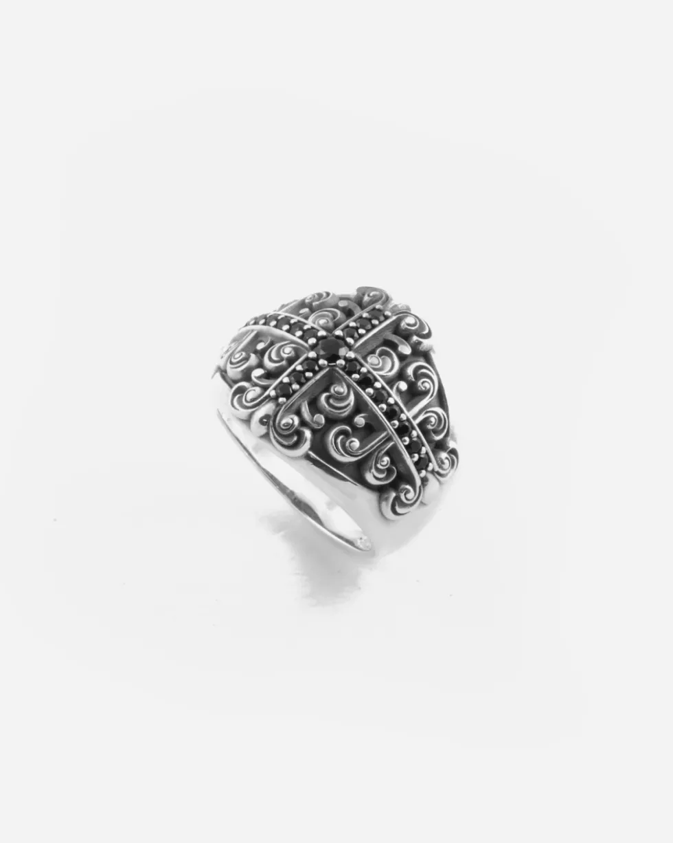 ANELLO CHEVALIER HERENCIA IN ARGENTO CON CROCE DI PIETRE NERE
