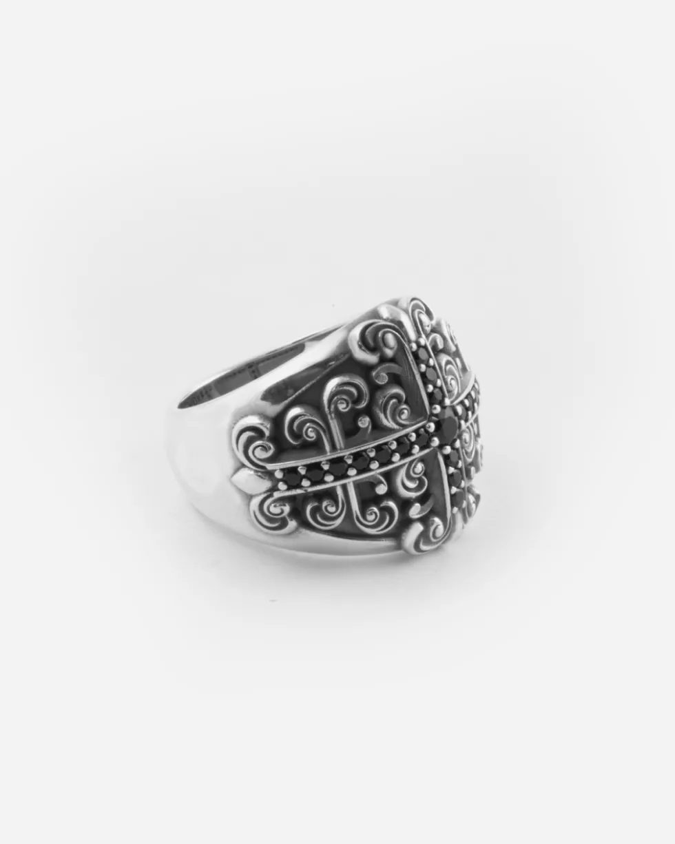 ANELLO CHEVALIER HERENCIA IN ARGENTO CON CROCE DI PIETRE NERE