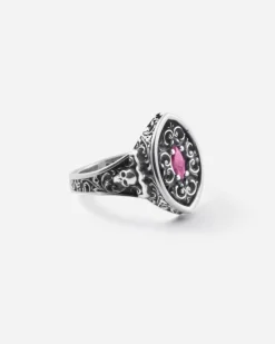 ANELLO CHEVALIER MARQUISE DECORATO BONNIE IN ARGENTO CON PIETRA ROSSA