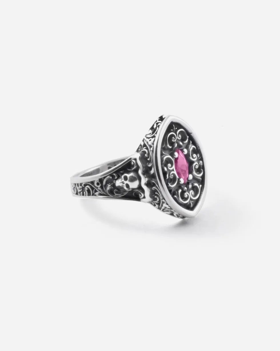 ANELLO CHEVALIER MARQUISE DECORATO BONNIE IN ARGENTO CON PIETRA ROSSA