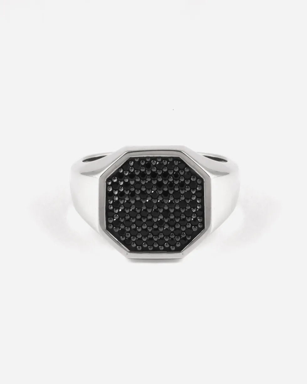 ANELLO CHEVALIER OTTAGONO IN ARGENTO CON PAVÈ DI BRILLANTI NERI