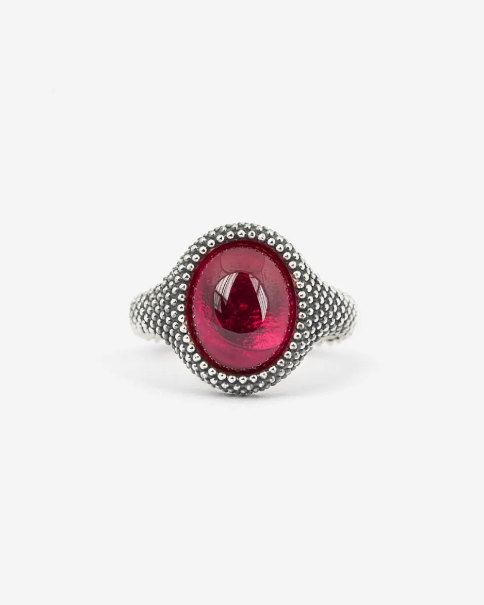 ANELLO CHEVALIER OVALE PUNTINATO CON PIETRA ROSSA