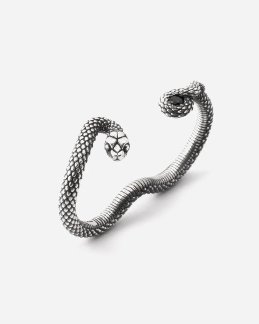ANELLO DUE DITA SERPENTE SNAKE TWINS IN ARGENTO CON PIETRA NERA