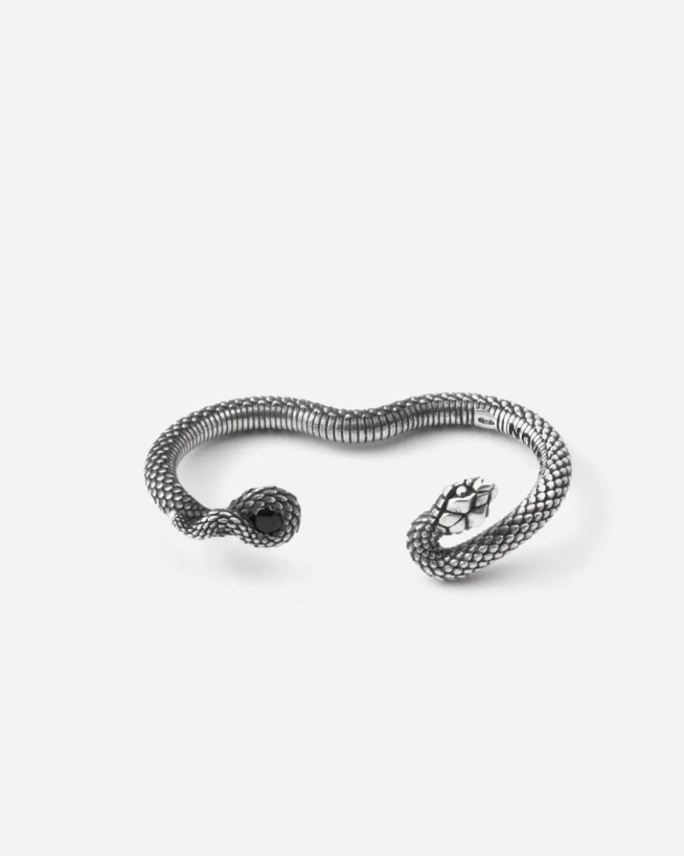 ANELLO DUE DITA SERPENTE SNAKE TWINS IN ARGENTO CON PIETRA NERA