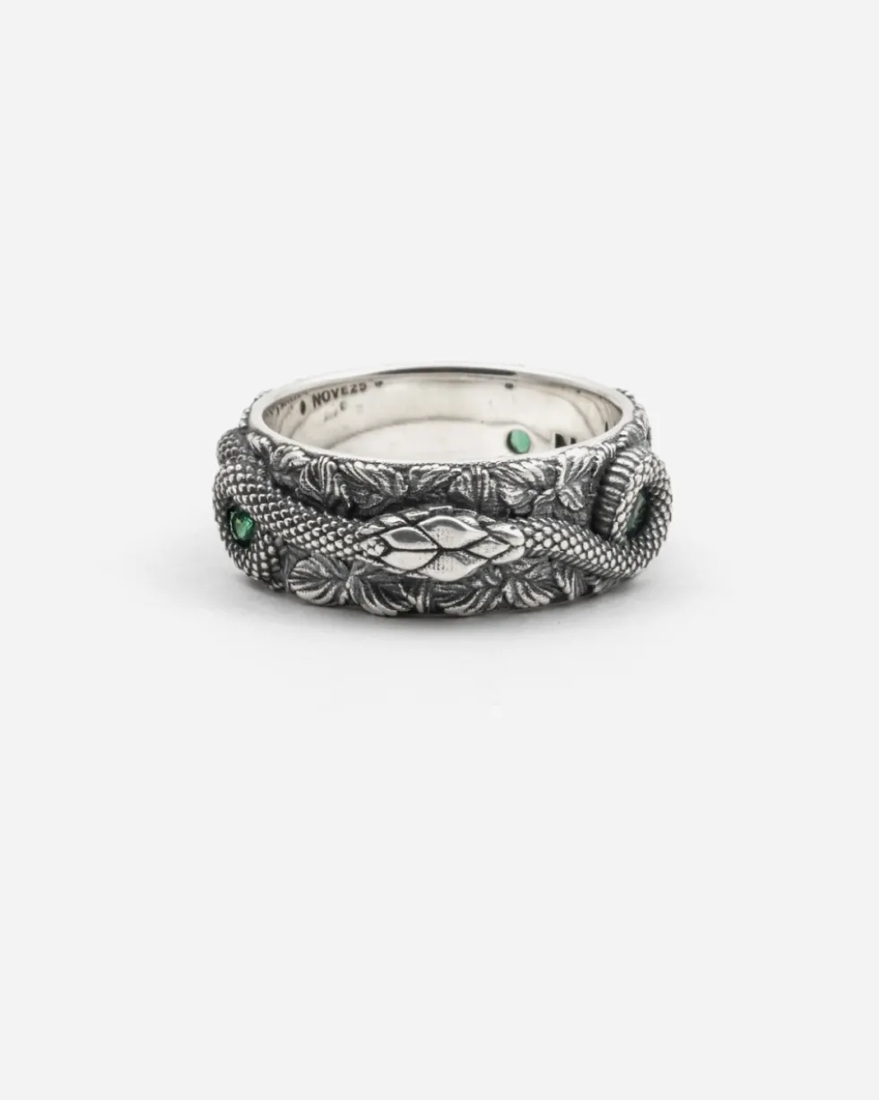 ANELLO FASCIA SERPENTE IN ARGENTO CON PIETRE VERDI