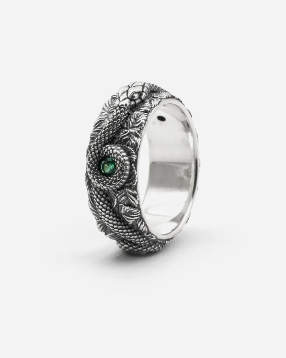 ANELLO FASCIA SERPENTE IN ARGENTO CON PIETRE VERDI
