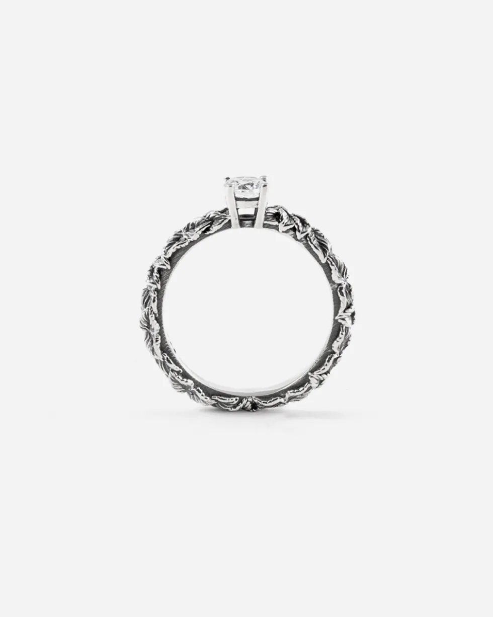 ANELLO FEDINA SOLITARIO FOGLIE IN ARGENTO CON BRILLANTE BIANCO