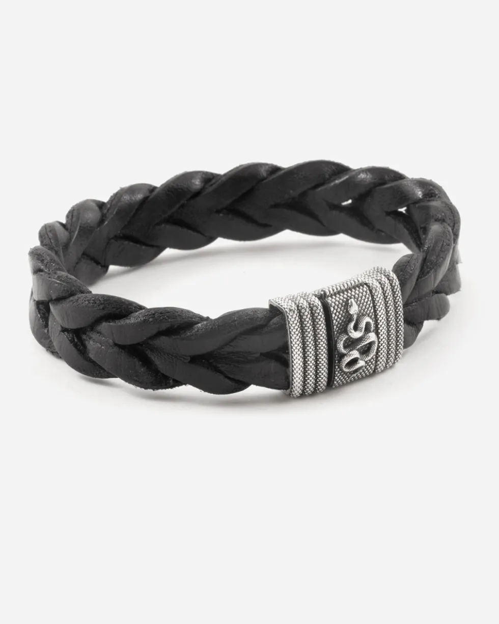 BRACCIALE TRECCIA IN PELLE CON SERPENTE IN ARGENTO
